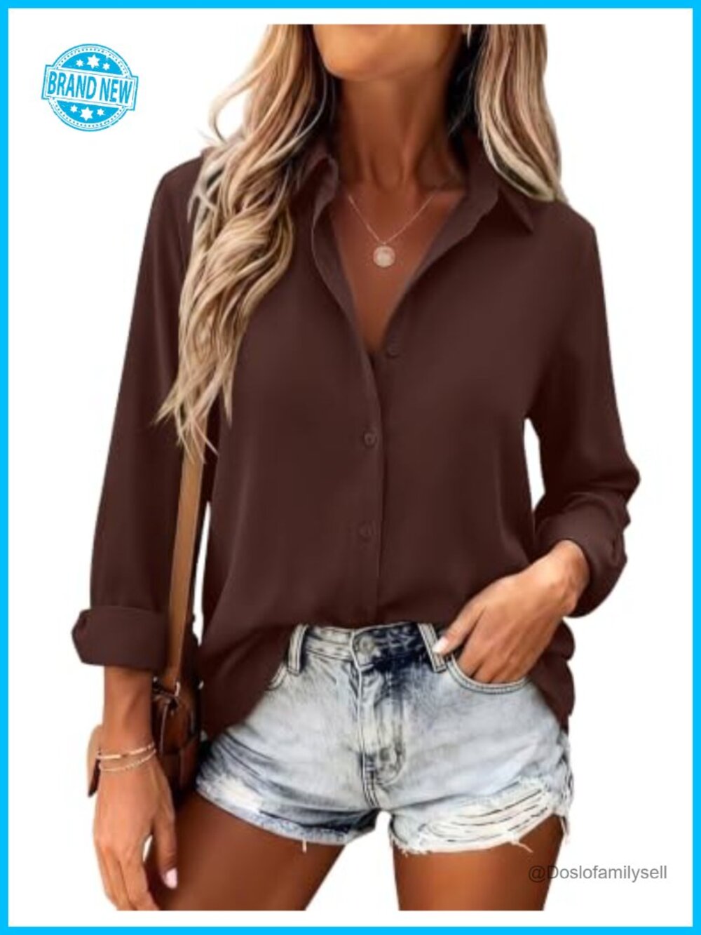 Women's Long Sleeve Button Down Blouse Turn Down Collar Curved Hem